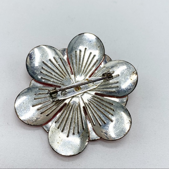 Vintage Coral Pink Enamel Brooch Crystal Center - Picture 4 of 4